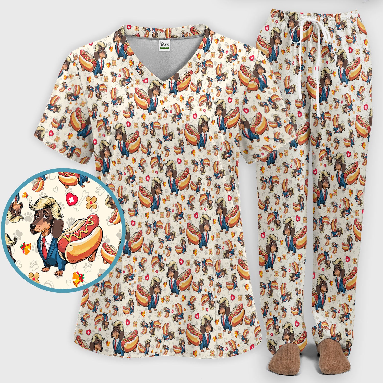 Dachshund Hot Dog Nurse Scrub Set - Funny Sausage Dog Pants and V Neck Top - Medical Uniform Gift