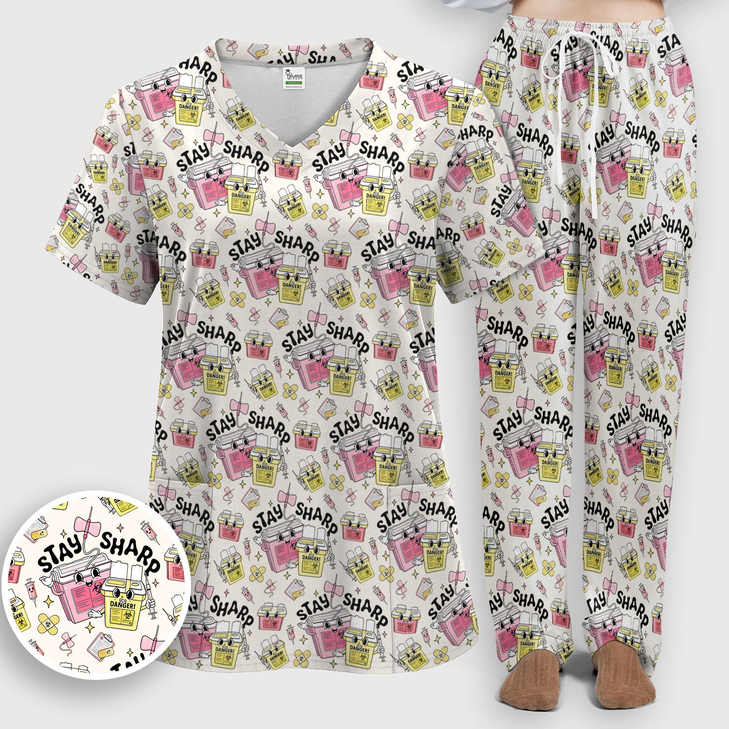 Stay Sharp Nurse Scrub Set, Cute Medical Pattern Scrubs, Breathable Fabrics Nursing Uniform