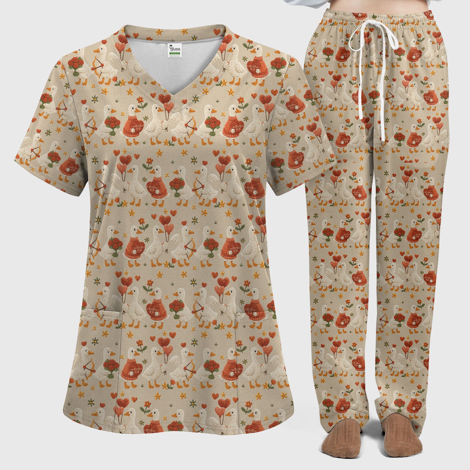 Cute Goose Nurse Scrub Set, Valentine Farm Medical Pattern Shirt, Breathable Fabrics Nursing Uniform