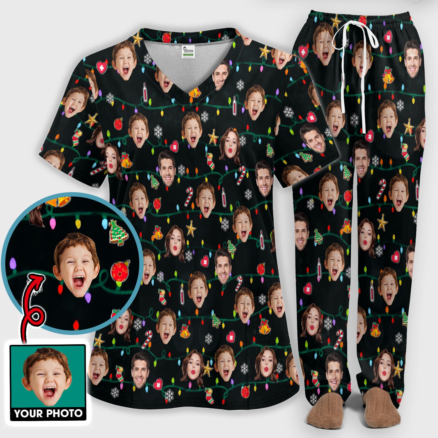 Personalized Xmas Photo Scrub Set, Christmas Custom Face Scrub Shirt, Breathable Fabrics Nursing Uniform