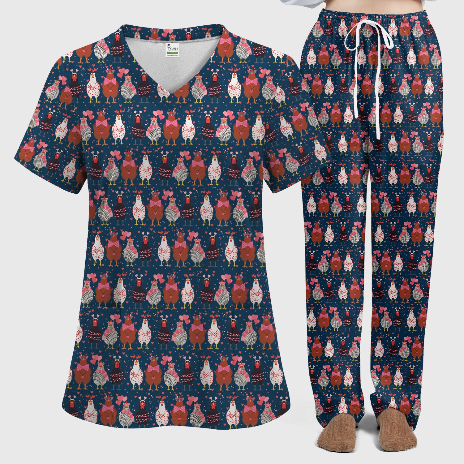 Funny Chicken Valentine Scrub Set, Chicken Pattern Scrub Shirt For Nursing, Valentine Gift For Nurse