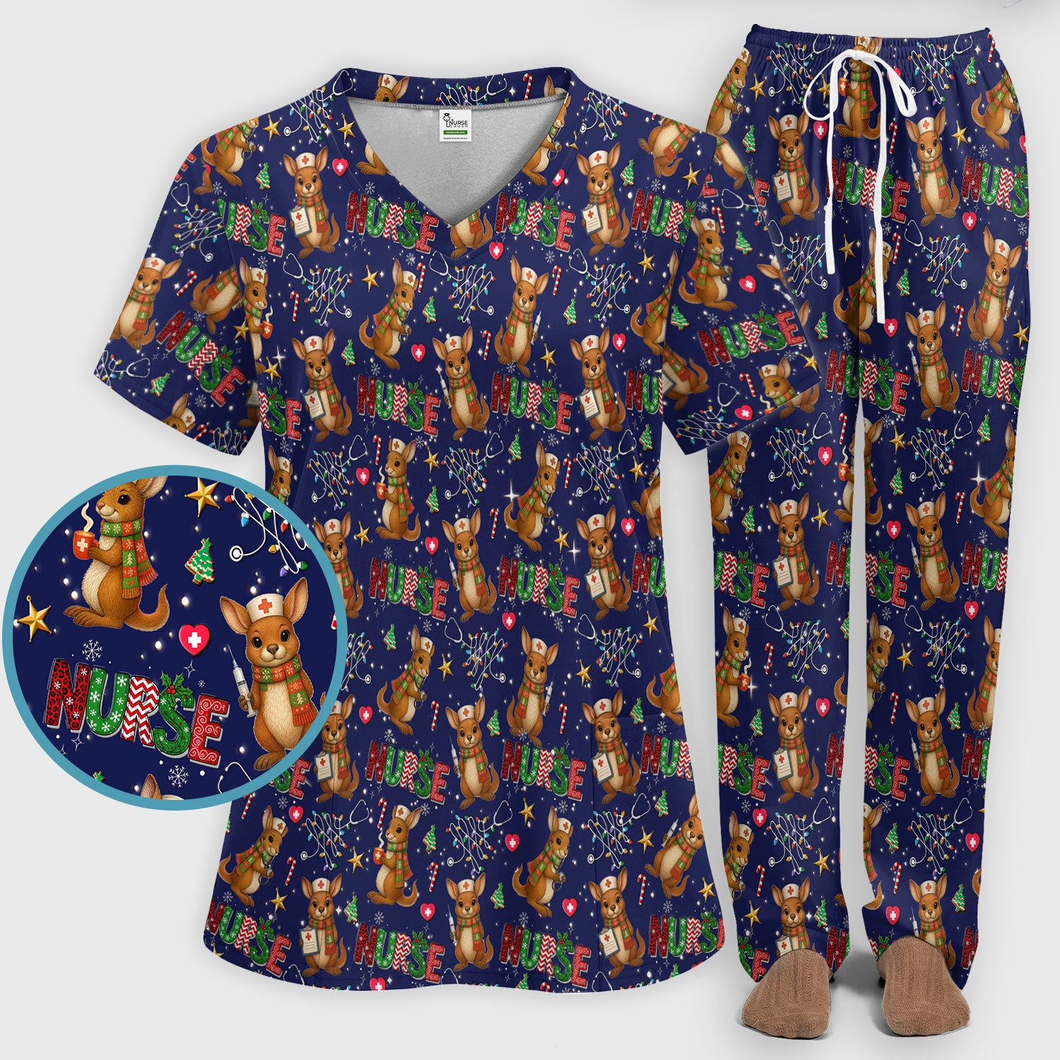 Christmas Kangaroo Nurse Scrub Set - Cute Aussie Holiday Medical Uniform - Funny Xmas Gift for Women