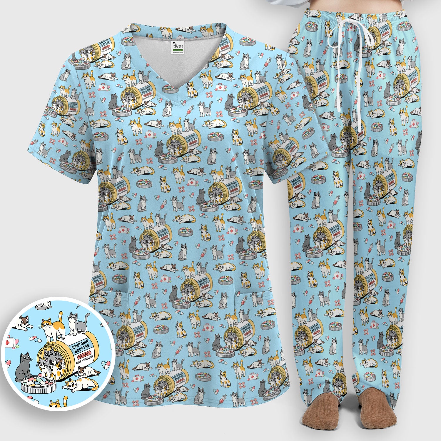 Cute Cat Serotonin Booster Pattern Women's Scrub Set, Breathable Med Uniform