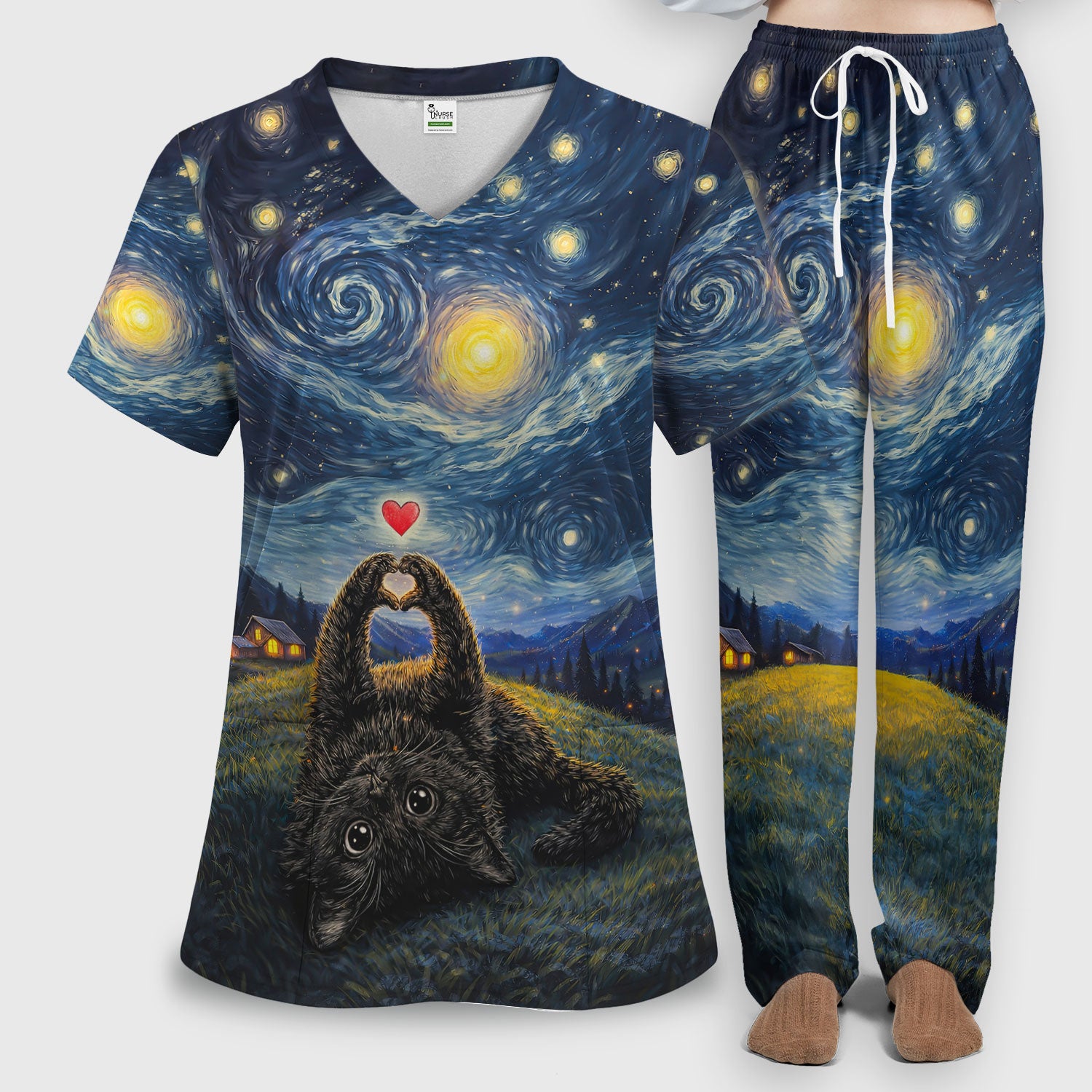 Starry Night Black Cat Heart Art Scrub Set, Breathable Med Uniform