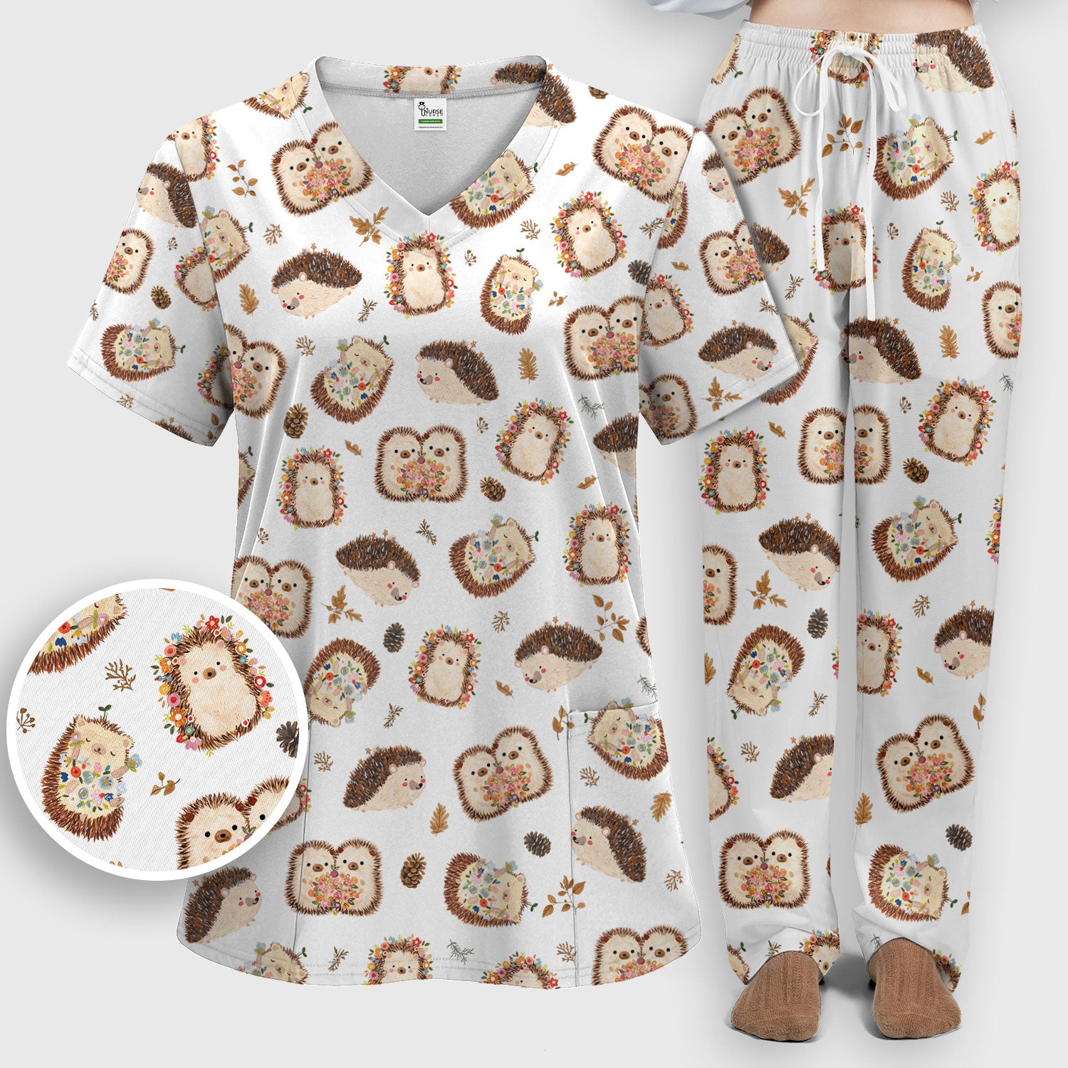 Cute Hedgehog Floral Scrub Set, Breathable Med Uniform