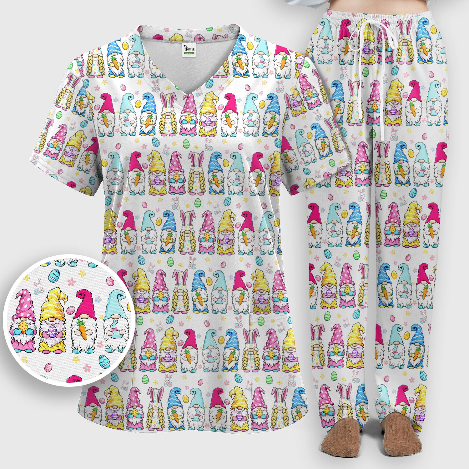 Colorful Easter Gnome Bunny Eggs Pattern Scrub Set, Women's Scrub Sets