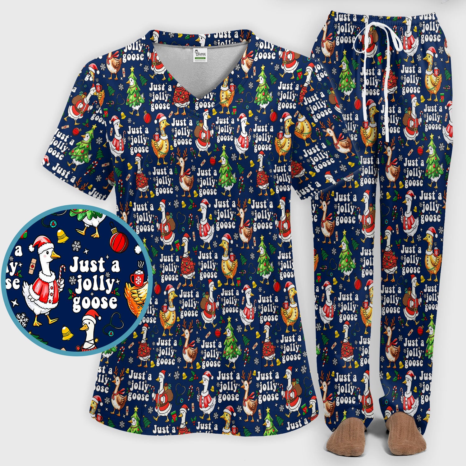 Just a Jolly Goose Funny Christmas Scrub Set - Holiday Medical Uniform for Nurse - Santa Goose Pants and Top