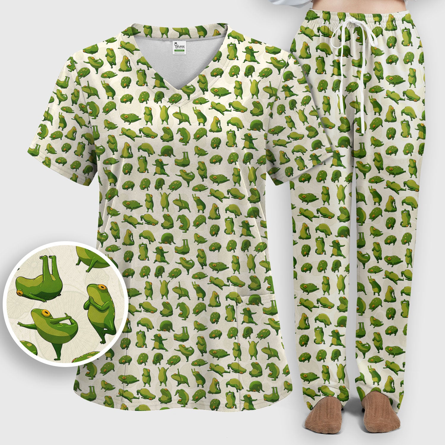 Cute Frog Cartoon Pattern Scrub Set, Breathable Med Uniform