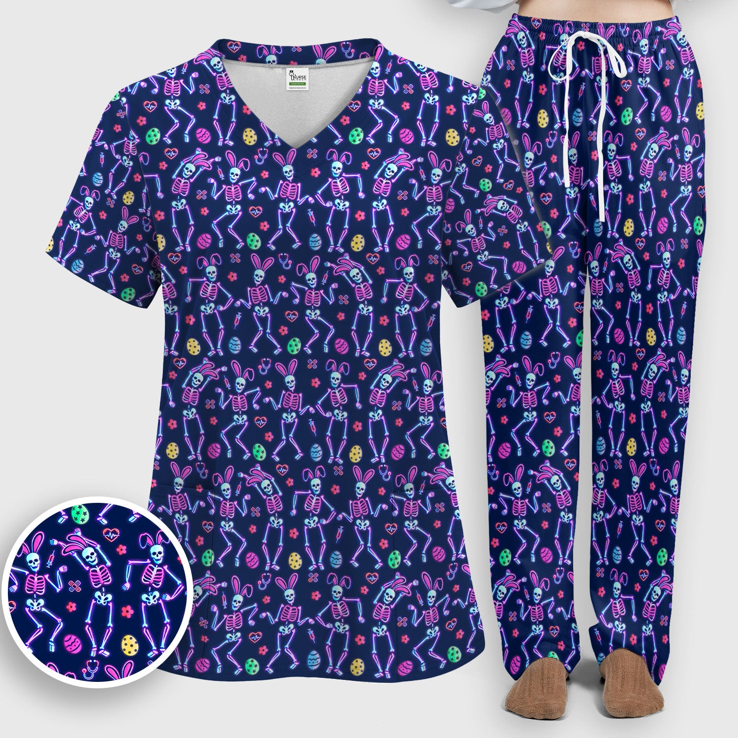 Neon Easter Skeleton Print Scrub Set, Scrub Pants and V Neck Top