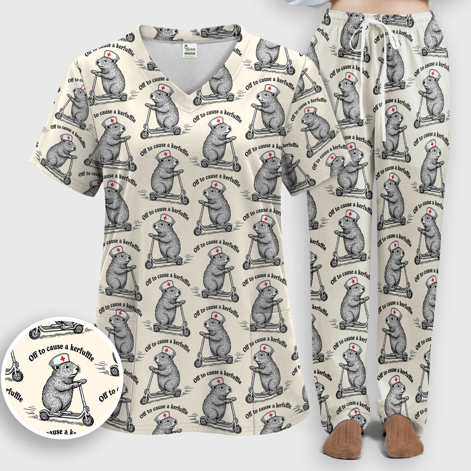 Funny Nurse Mouse Scooter Print Women's Scrub Set, Scrub Pants and V Neck Top