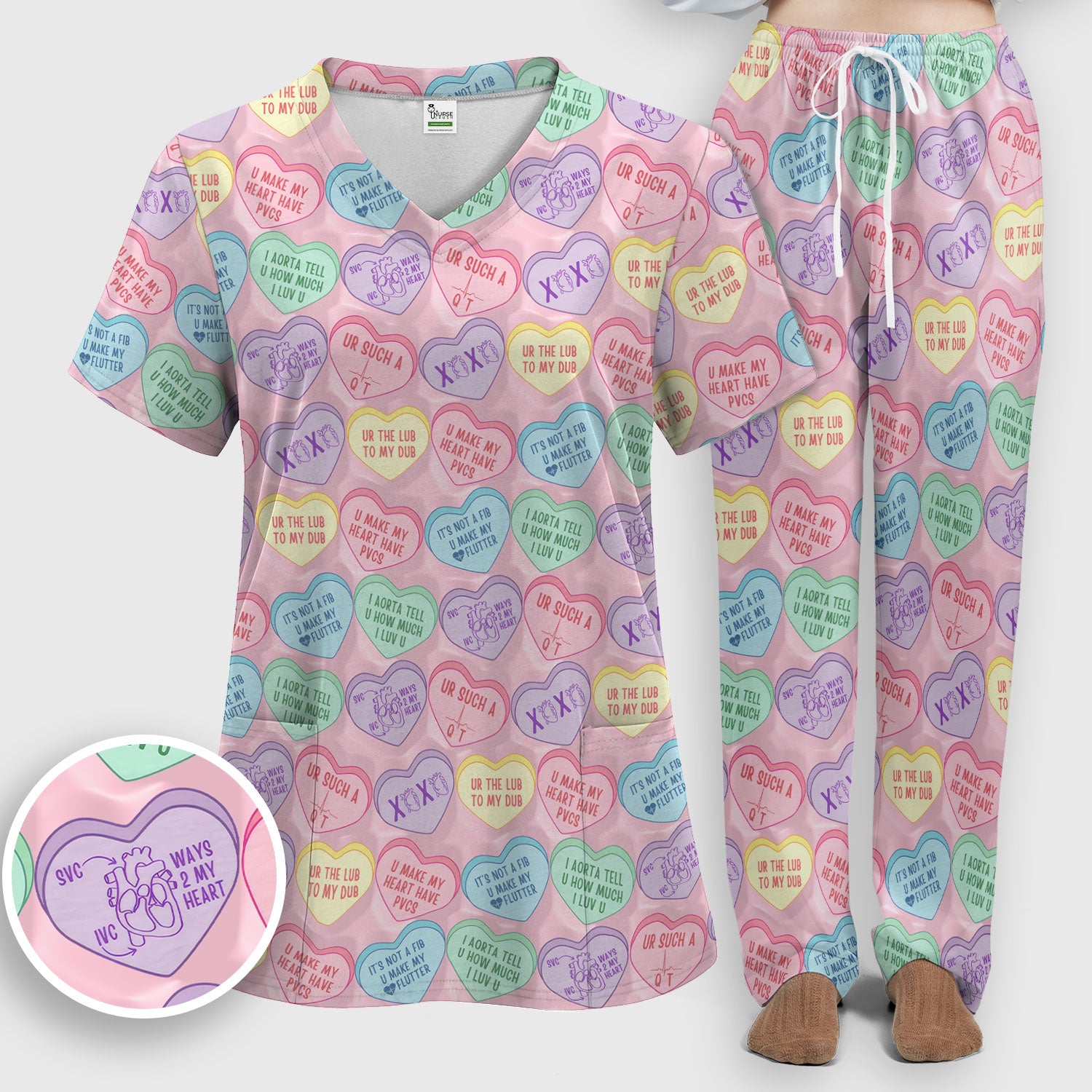 Medical Candy Heart Valentine Pattern Women’s Scrub Sets, Fun Medical Pattern, Breathable Med Uniform