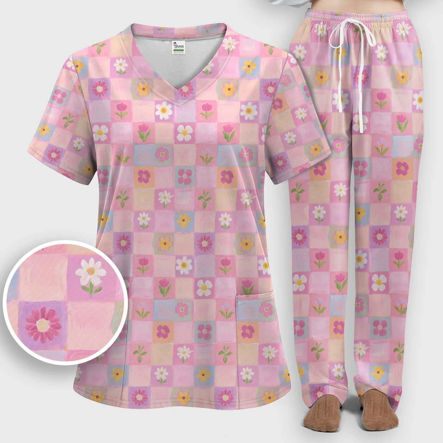 Lovely Pastel Floral Patchwork Pattern Scrub Set, Scrub Pants and V Neck Top
