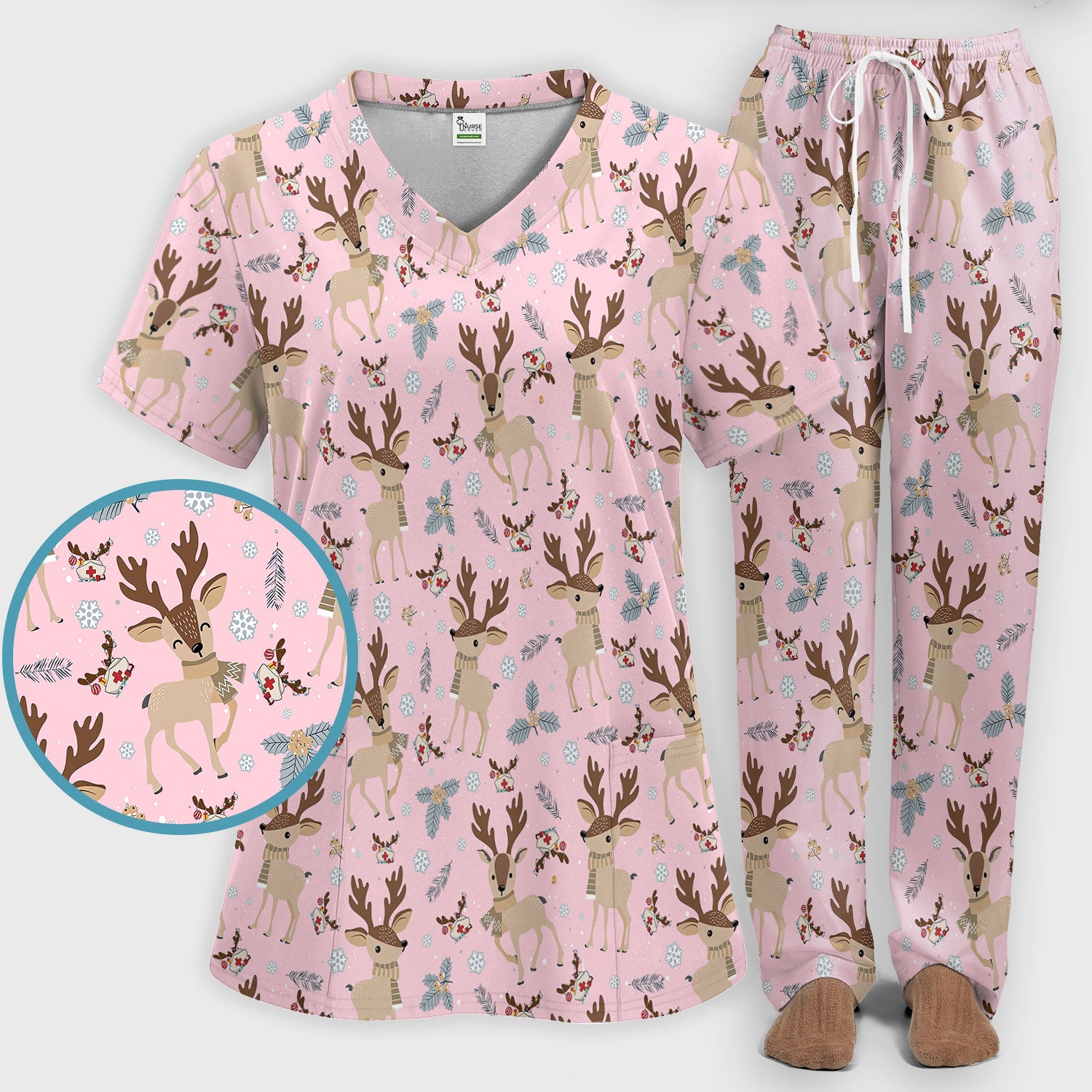 Reindeer Christmas Scrub Set - Cozy Beige Holiday Nurse Shirt with Cute Deer Pattern - Festive Medical Scrubs Pants and V Neck Top