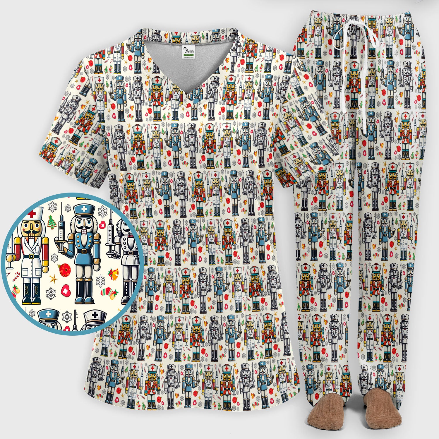 Funny Nutcracker Christmas Scrub Set – Cute Holiday Nurse Pattern Shirt – Festive Medical Uniform for RN, LPN, CNA, and Healthcare Workers