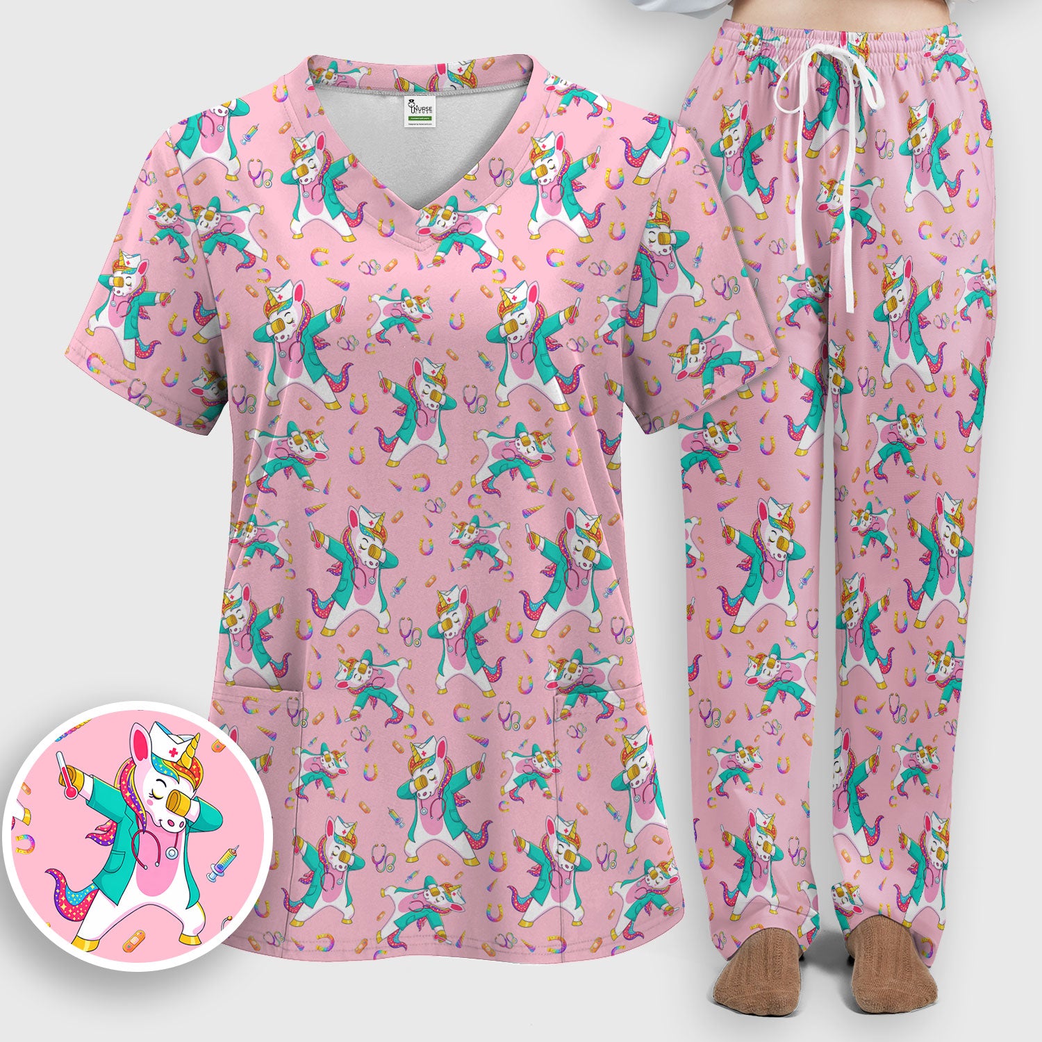 Cute Unicorn Nurse Dance Pattern Women's Sets, Scrub Pants and V Neck Top