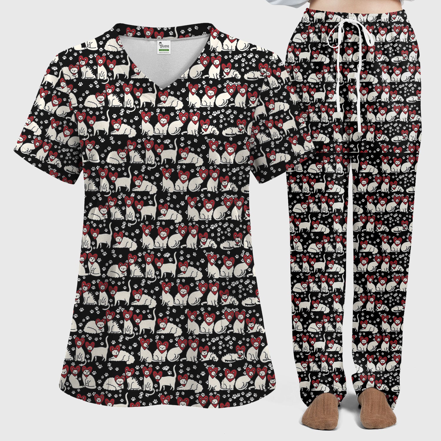 Cute Cat Heart Pattern Scrub Set, Funny Cat Scrub Shirt For Nurses, Breathable Fabrics Nursing Uniform
