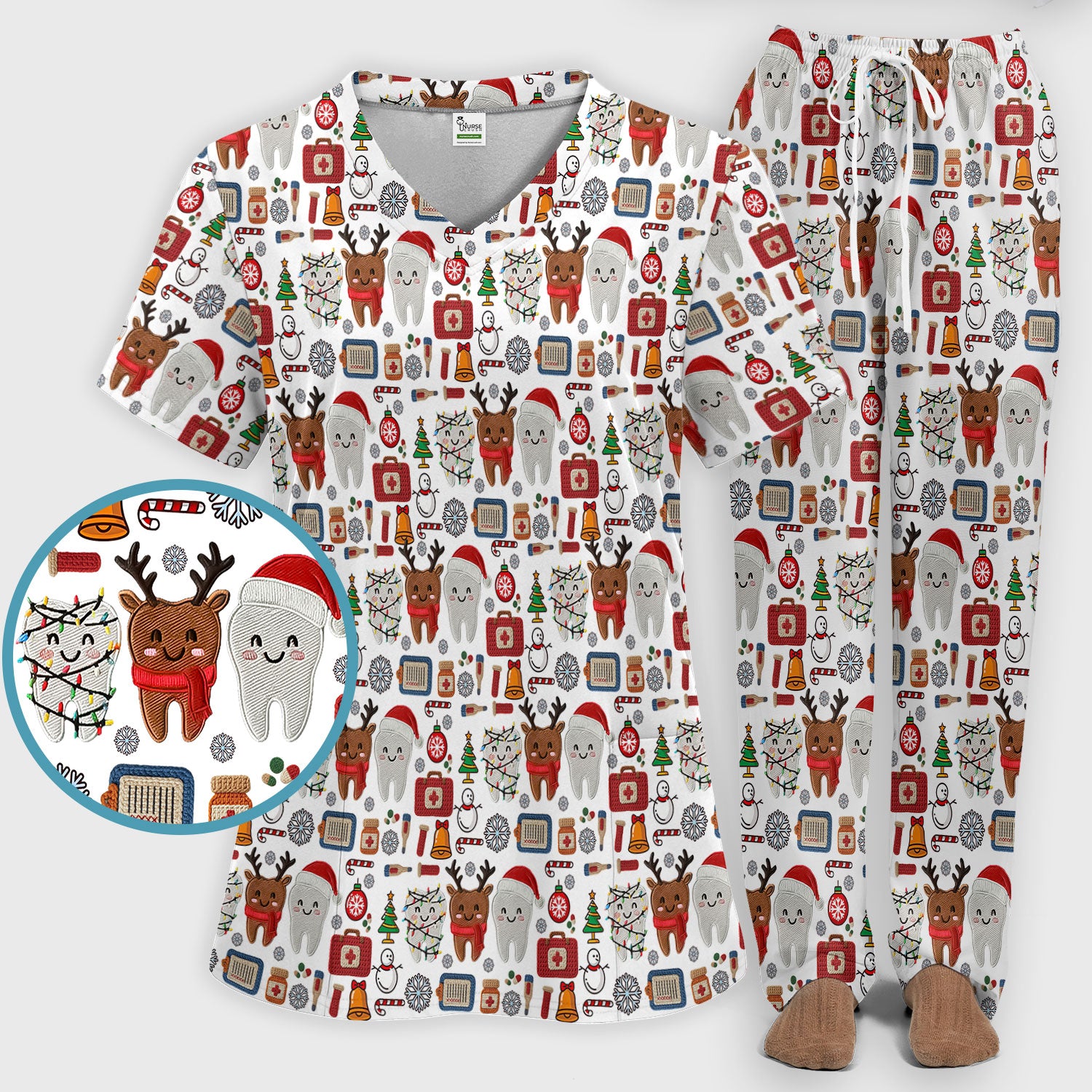 Christmas Dental Scrub Set - Cute Santa & Reindeer Tooth Pants and V Neck Top - Funny Gift for Dentists, Hygienists, Nurses