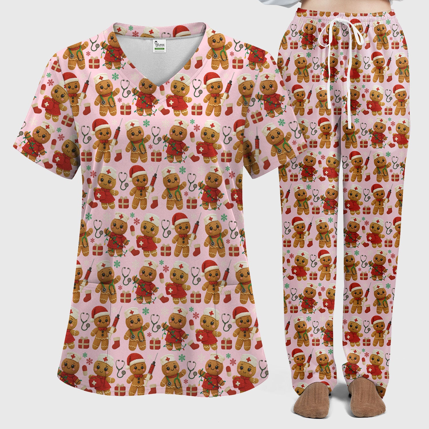 Cute Gingerbread Nurse Scrubs for Women - Christmas Pattern Scrub Top & Pants - Festive Holiday Scrubs with Charming Gingerbread Design