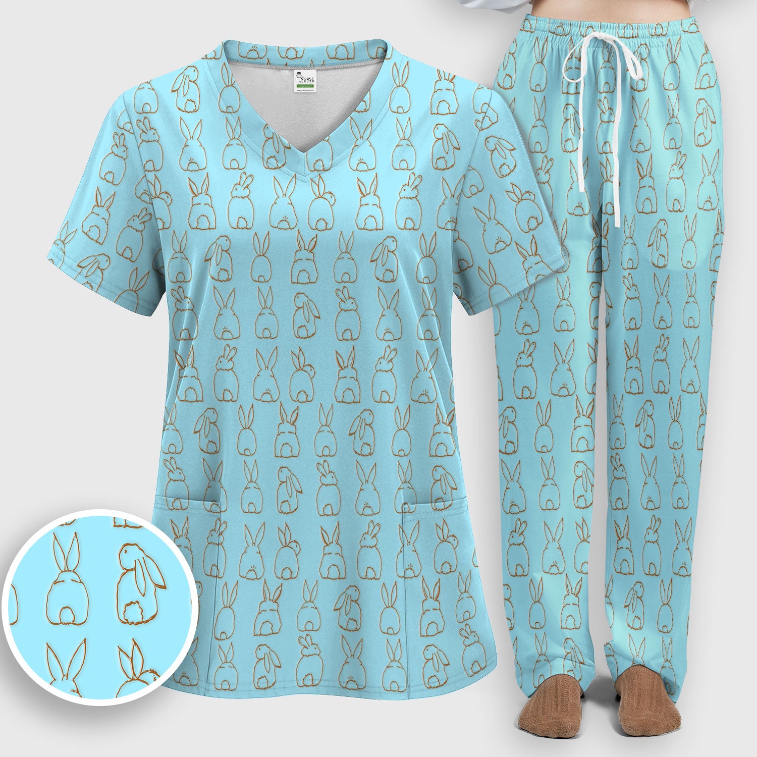 Cartoon Bunny Line Art Pattern Medical Scrub Set, Breathable Med Uniform
