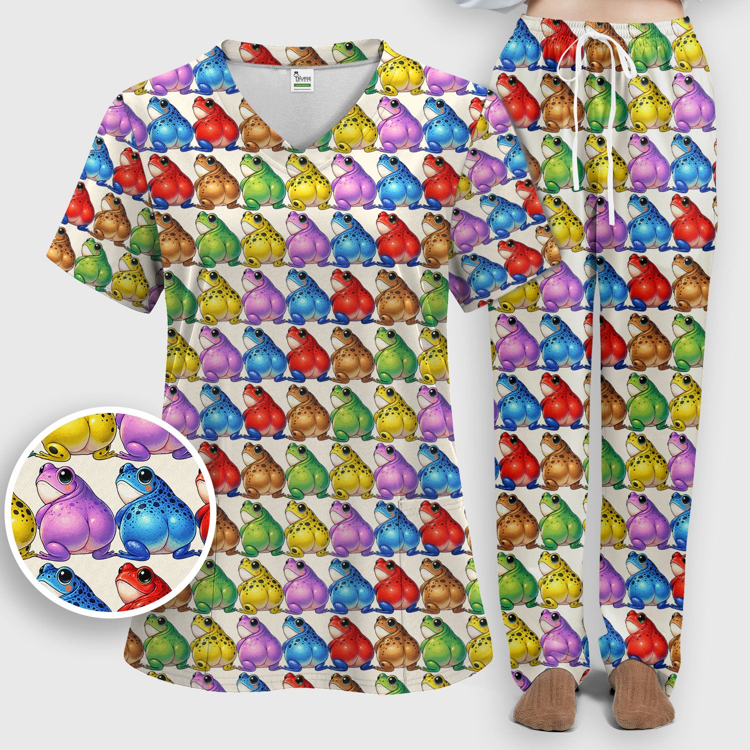 Funny Colorful Frogs Pattern Scrubs Sets, Scrub Pants and V Neck Top