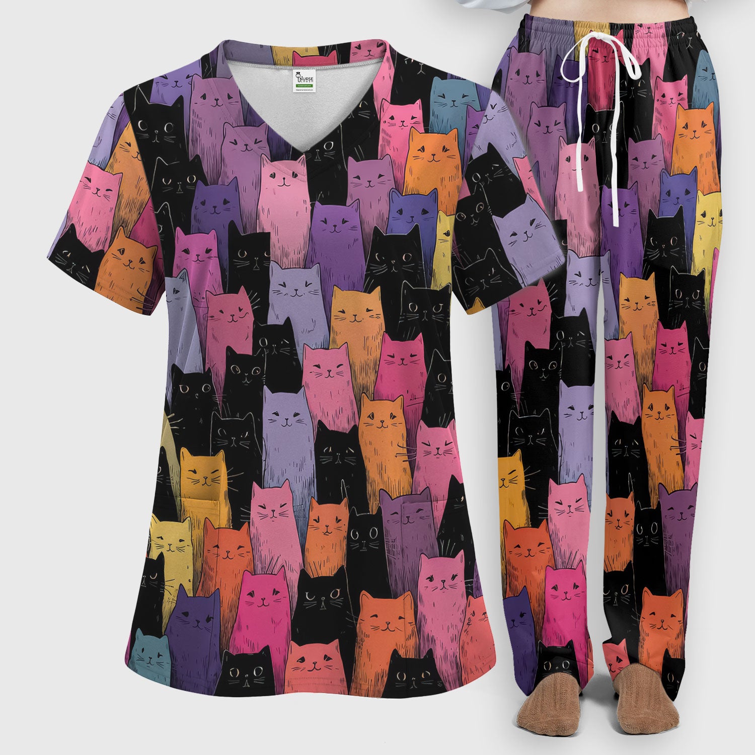 Colorful Cat Art Medical Pattern Scrub Set, Scrub Pants and V Neck Top
