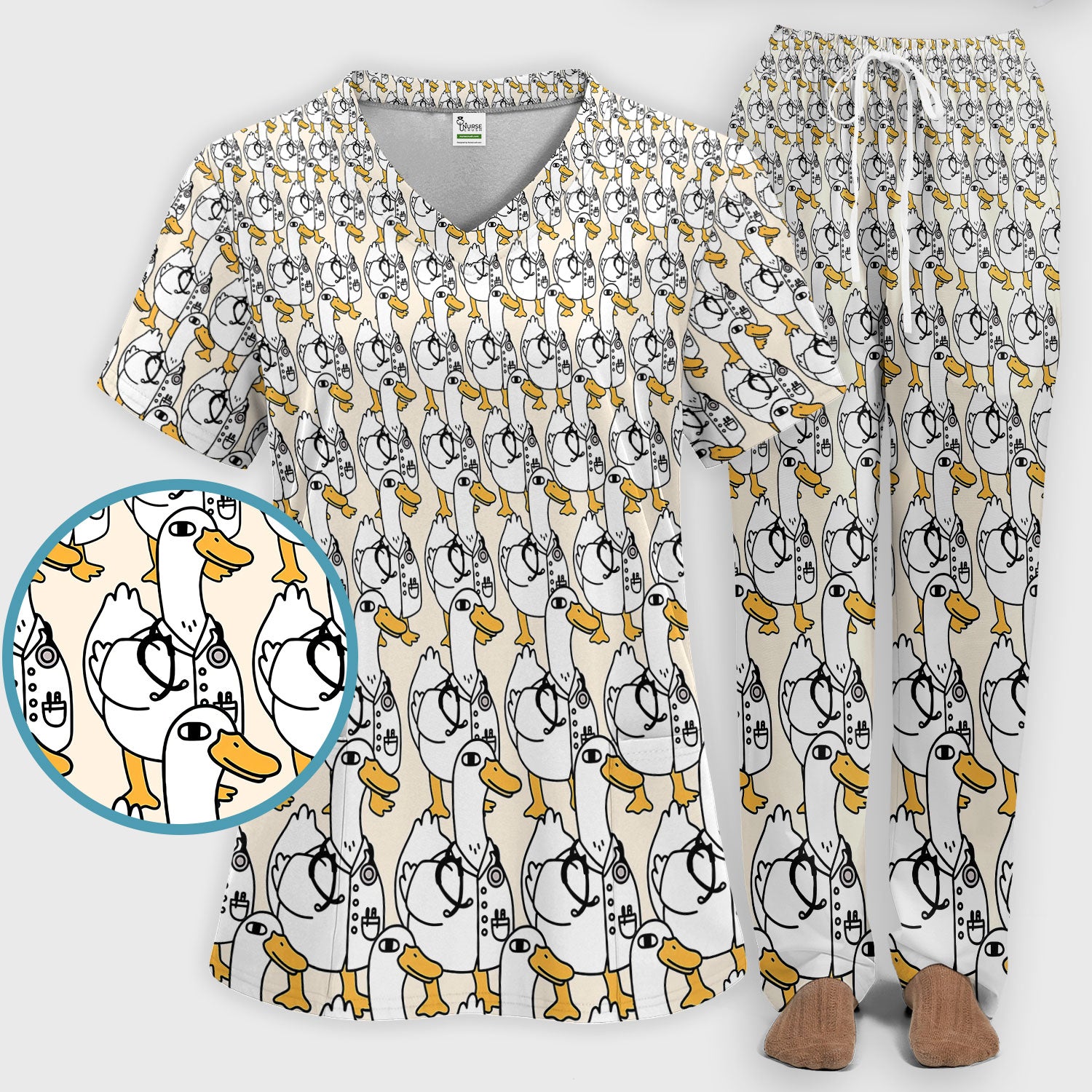 Funny Duck Scrub Set for Women - I'm a Doctor Scrubs Pants and V Neck Top - Cute Duck In The Row - Comfortable Nursing Uniform