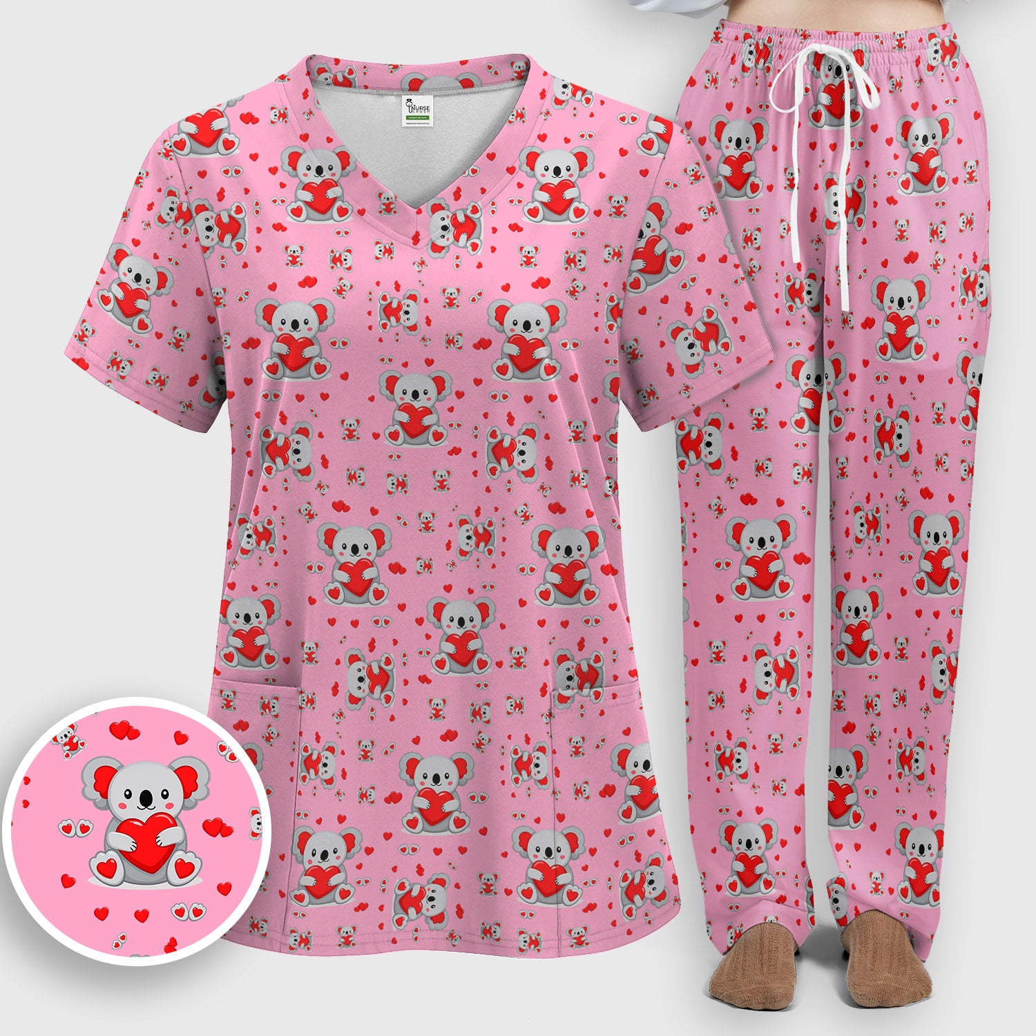 Valentine Cute Koala Heart Pattern Medical Outfit, Women's Scrub Sets