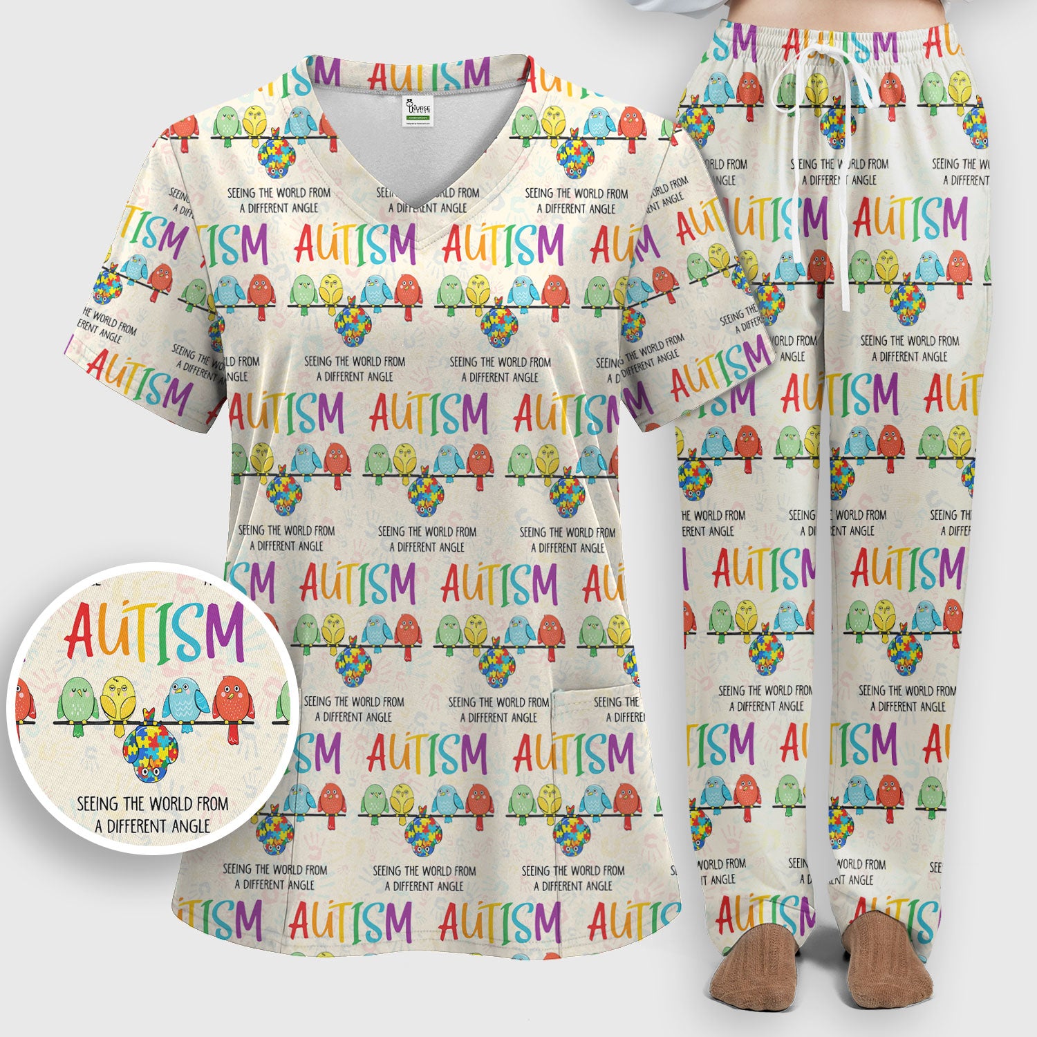 Autism Seeing The World From A Different Angle Birds Scrub Set, Breathable Med Uniform