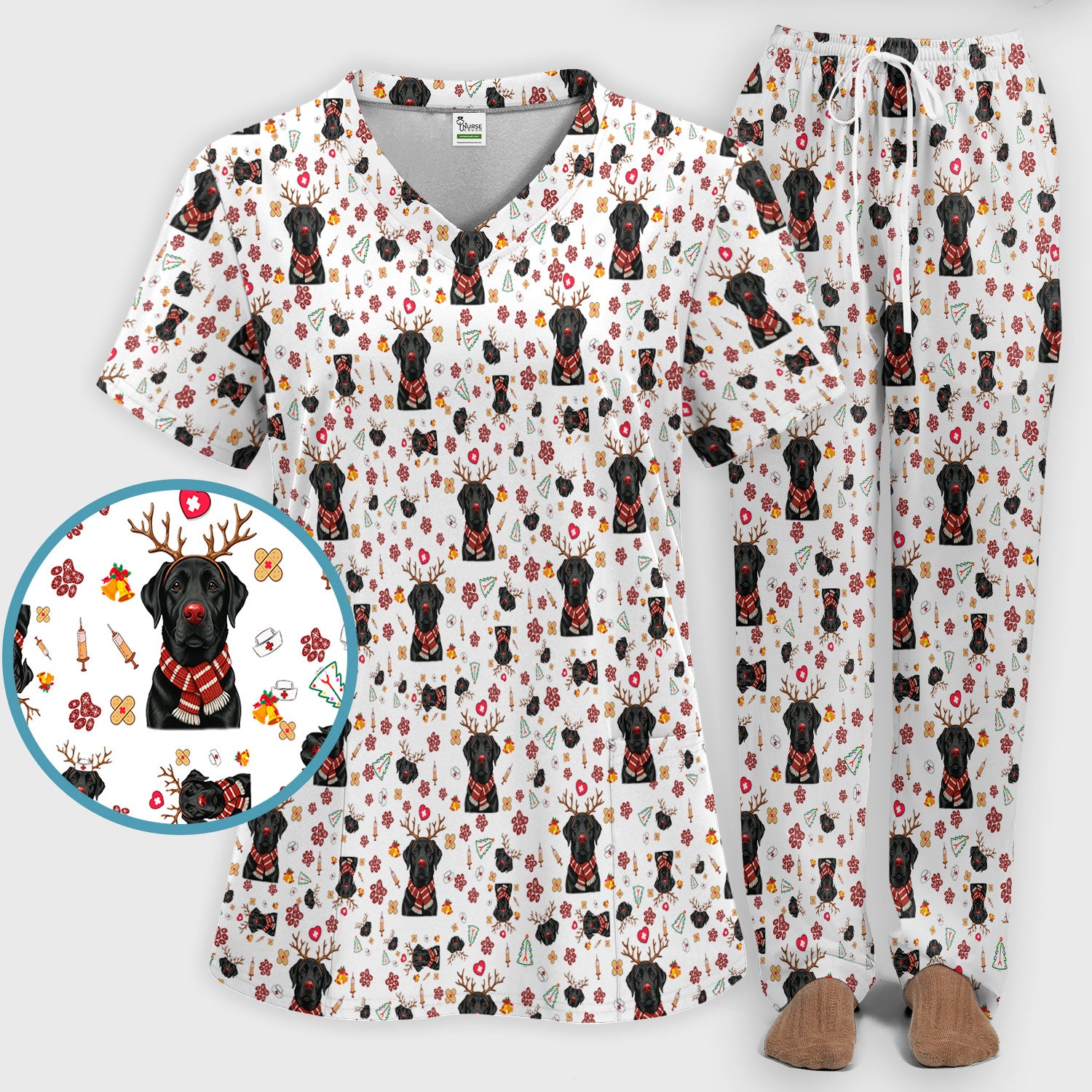 Funny Black Lab Reindeer Scrub Set - Christmas Dog Nurse Pants and V Neck Top - Cute Holiday Medical Uniform