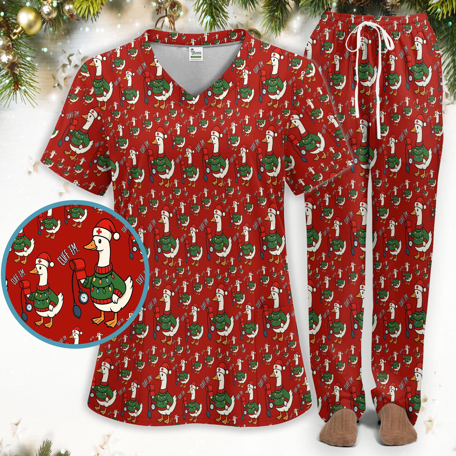 Nurse Christmas Duck Scrub Set, Cute Goose Pattern Scrub Uniform, RN LPN CNA Nursing Uniform