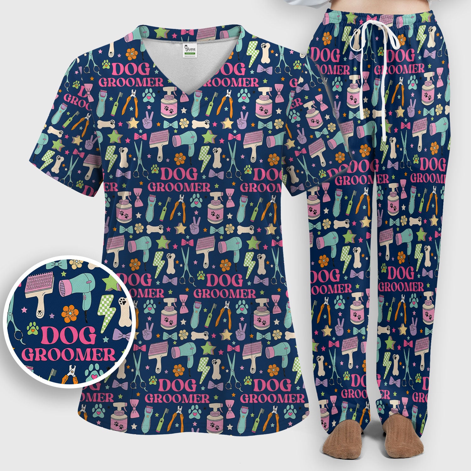 Dog Groomer Tools Pattern Women's Scrub Set, Scrub Pants and V Neck Top
