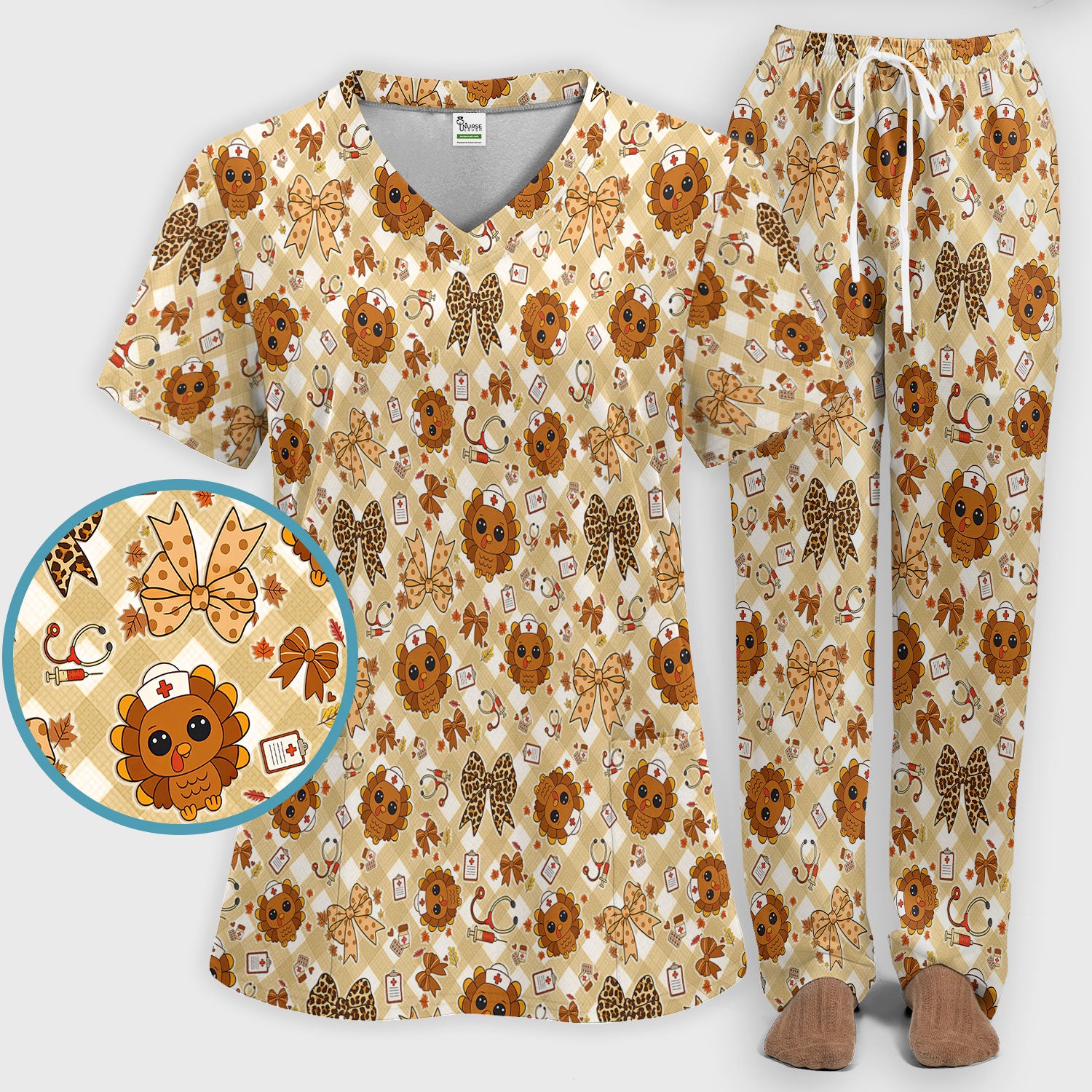 Thanksgiving Turkey Scrub Set for Nurses - Cute Fall Leaves and Bow Scrubs Pants and V Neck Top - Autumn Nursing Gift for Her