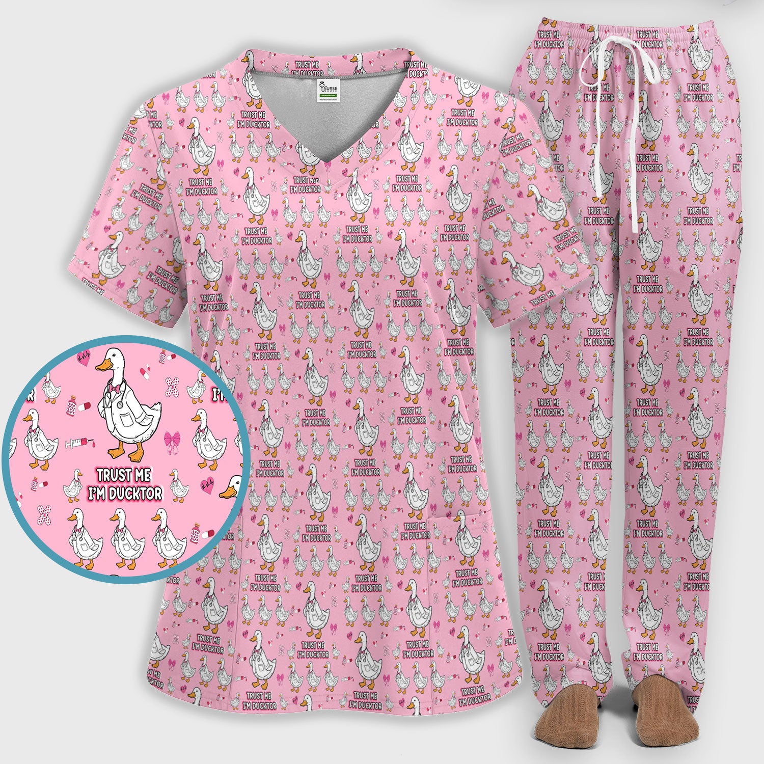 Trust Me I'm Ducktor Scrub Set, Funny Duck Pattern Scrub Shirt, Breathable Fabrics Nursing Uniform For Women