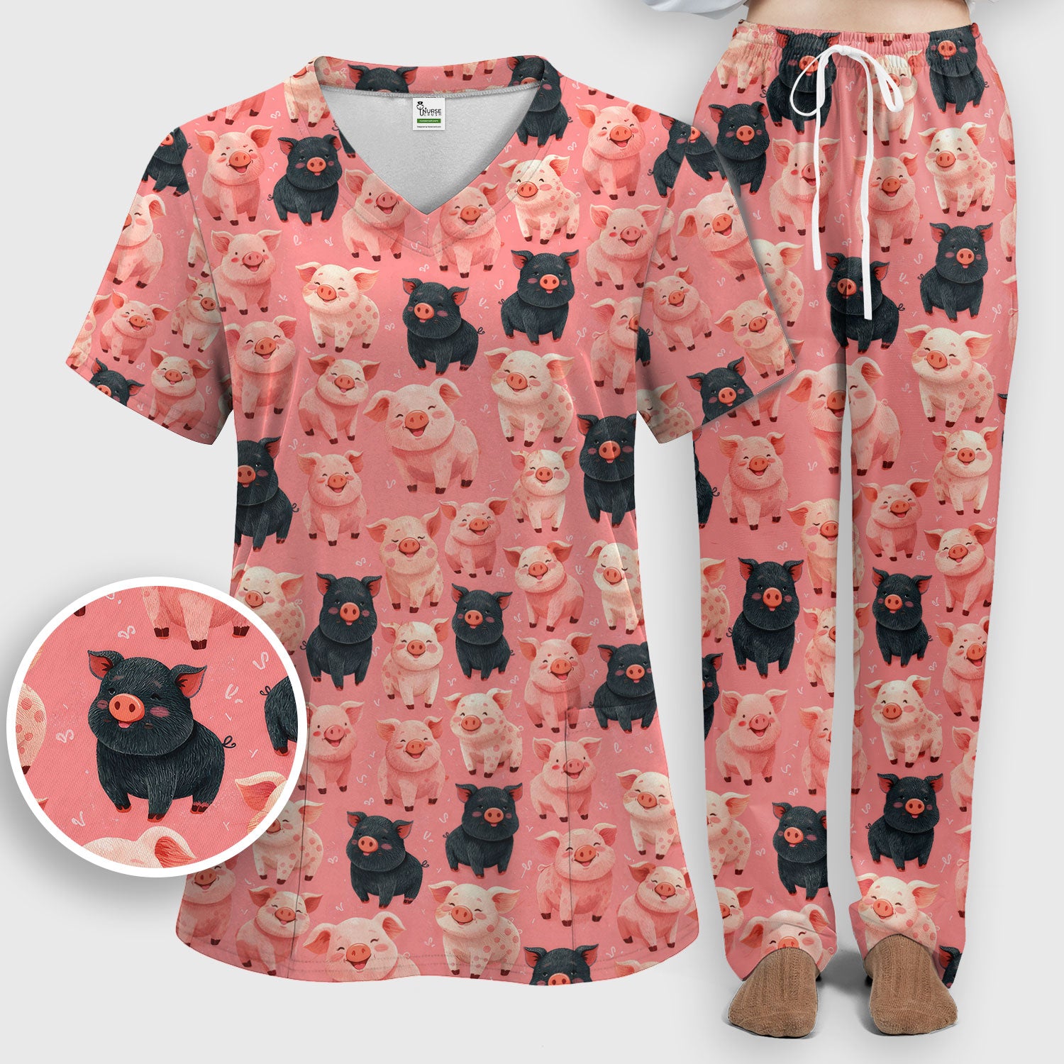 Cartoon Pig Print Scrub Set, Scrub Pants and V Neck Top, Breathable Med Uniform