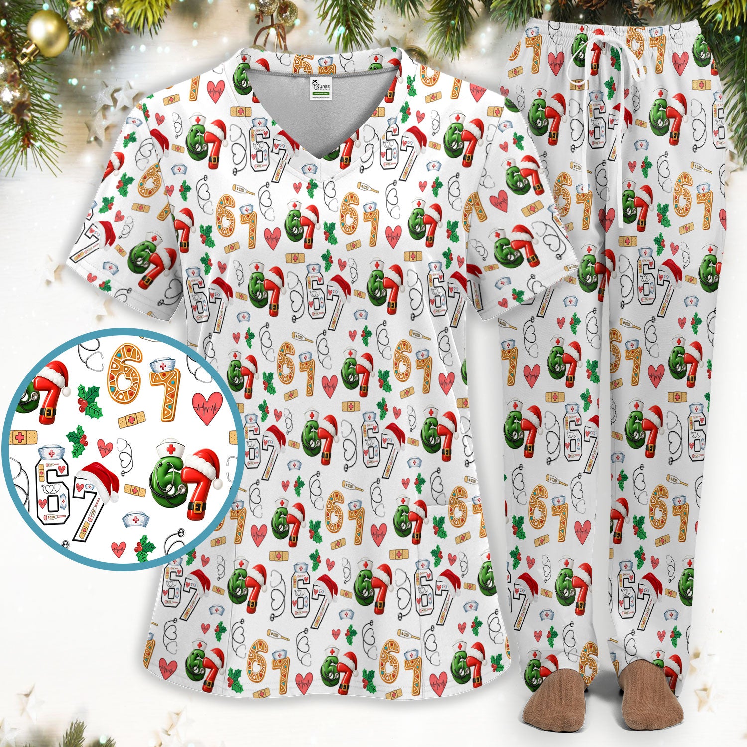 Christmas Nurse 67 Pattern Scrub Set, Cute Holiday Medical Uniform With Santa Hat, Uniform For Nursing