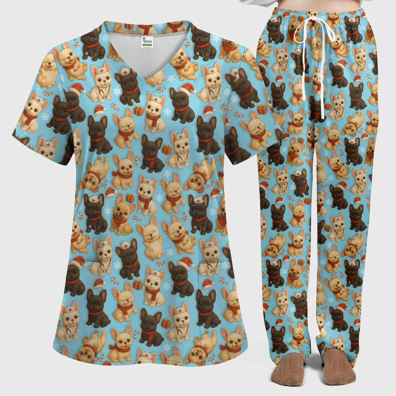 French Bulldog Scrubs Christmas Nurse Set - Cute Holiday Dogs with Candy Canes, Snowflakes & Gifts - Fun Festive Christmas Scrubs for Women