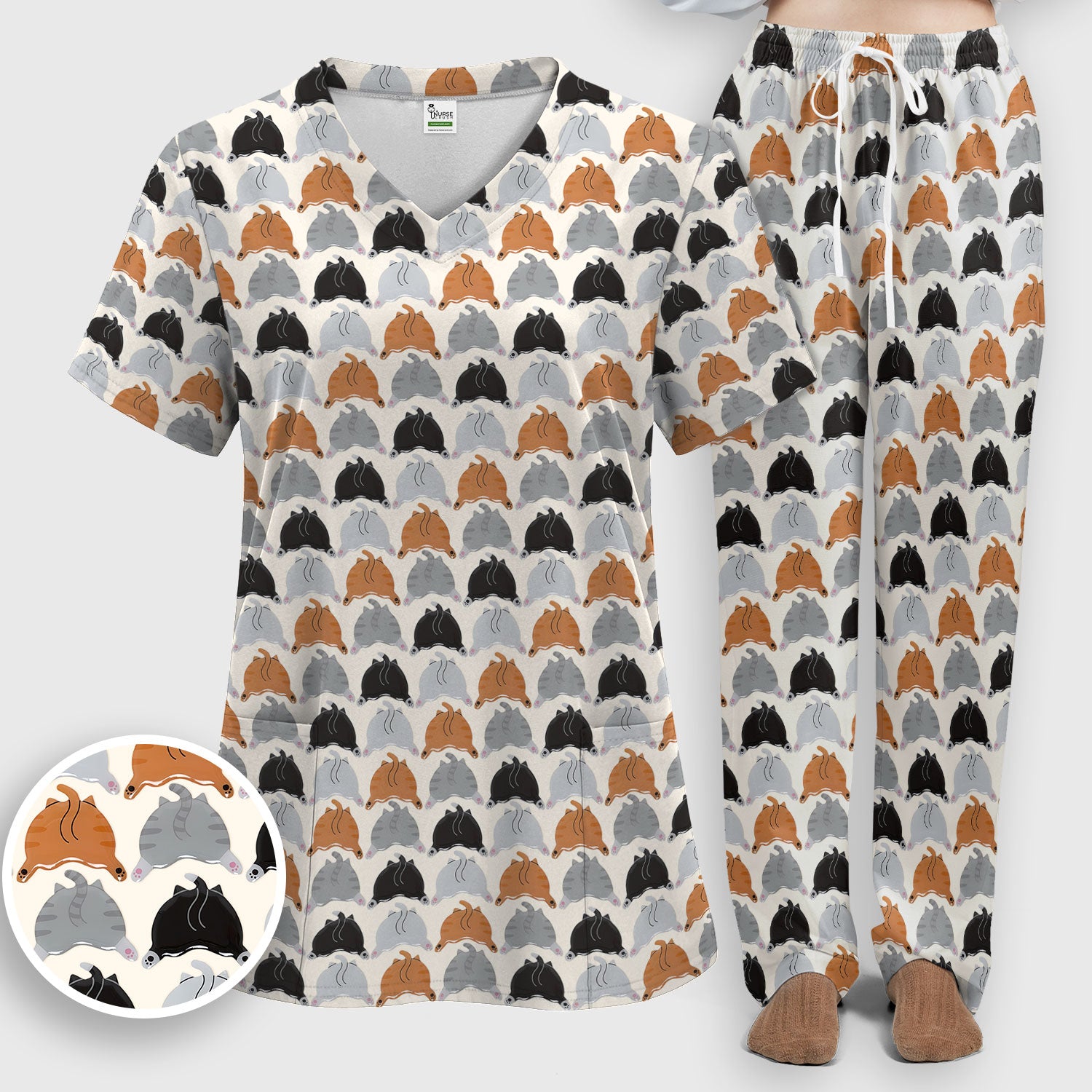 Playful Multicolor Cat Print Scrub Set, Breathable Med Uniform