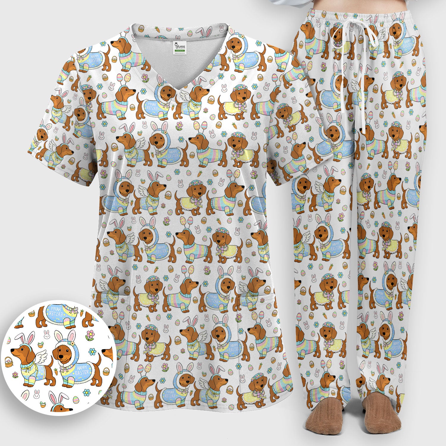 Easter Dachshund Bunny Pattern Scrub Set, Scrub Pants and V Neck Top