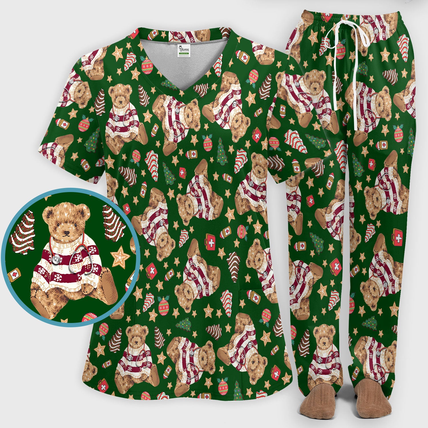 Teddy Bear Christmas Scrub Set - Festive Scrubs Pants and V Neck Top for Women - Gift for Nurses RN CNA LPN