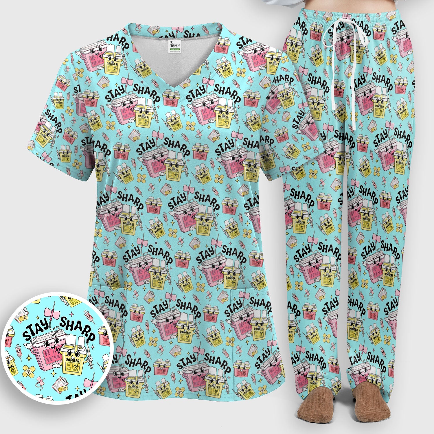 Stay Sharp Nurse Scrub Set, Cute Medical Pattern Scrubs, Breathable Fabrics Nursing Uniform