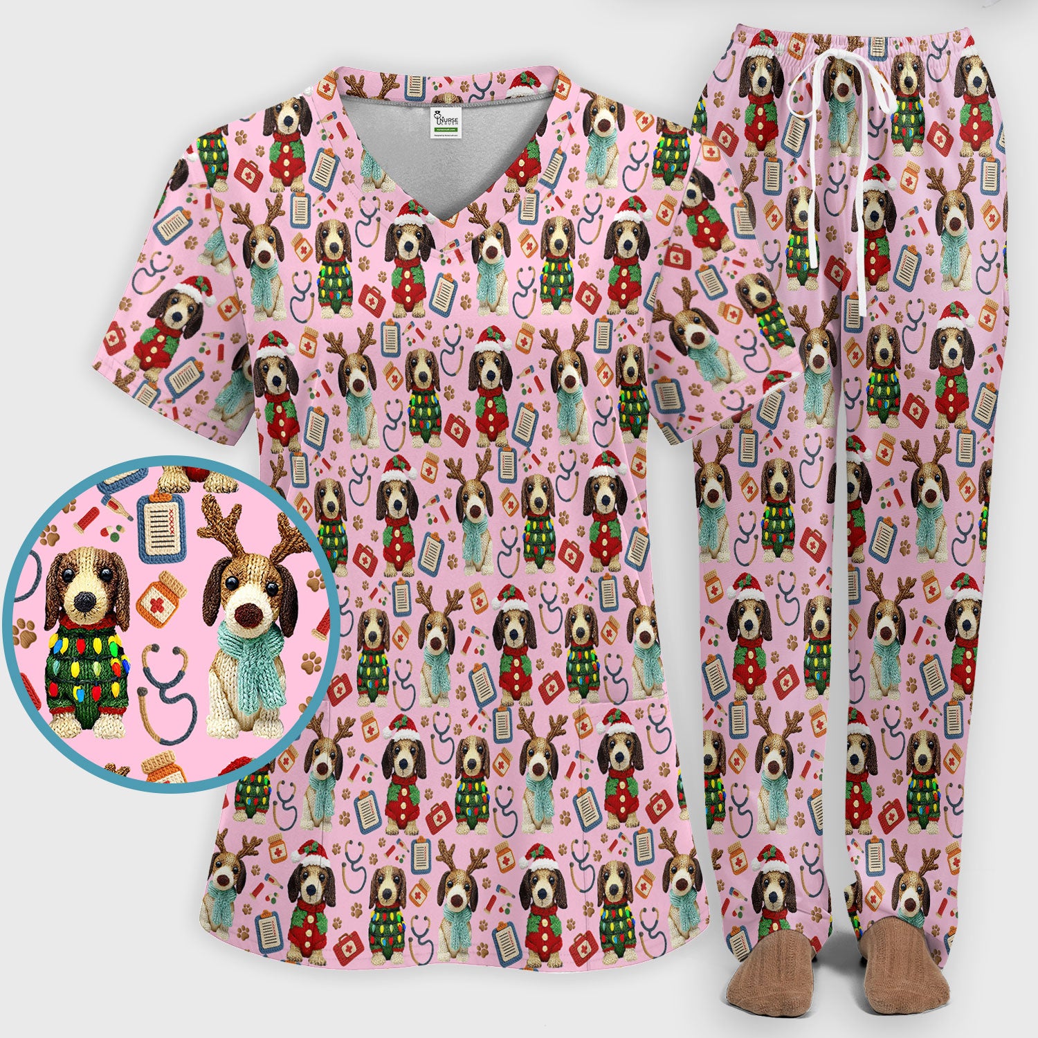Christmas Wiener Dog Scrubs Set for Women - Cute Dachshund Christmas Scrub Pants and V Neck Top - Puppy Lover Medical Uniform Gift