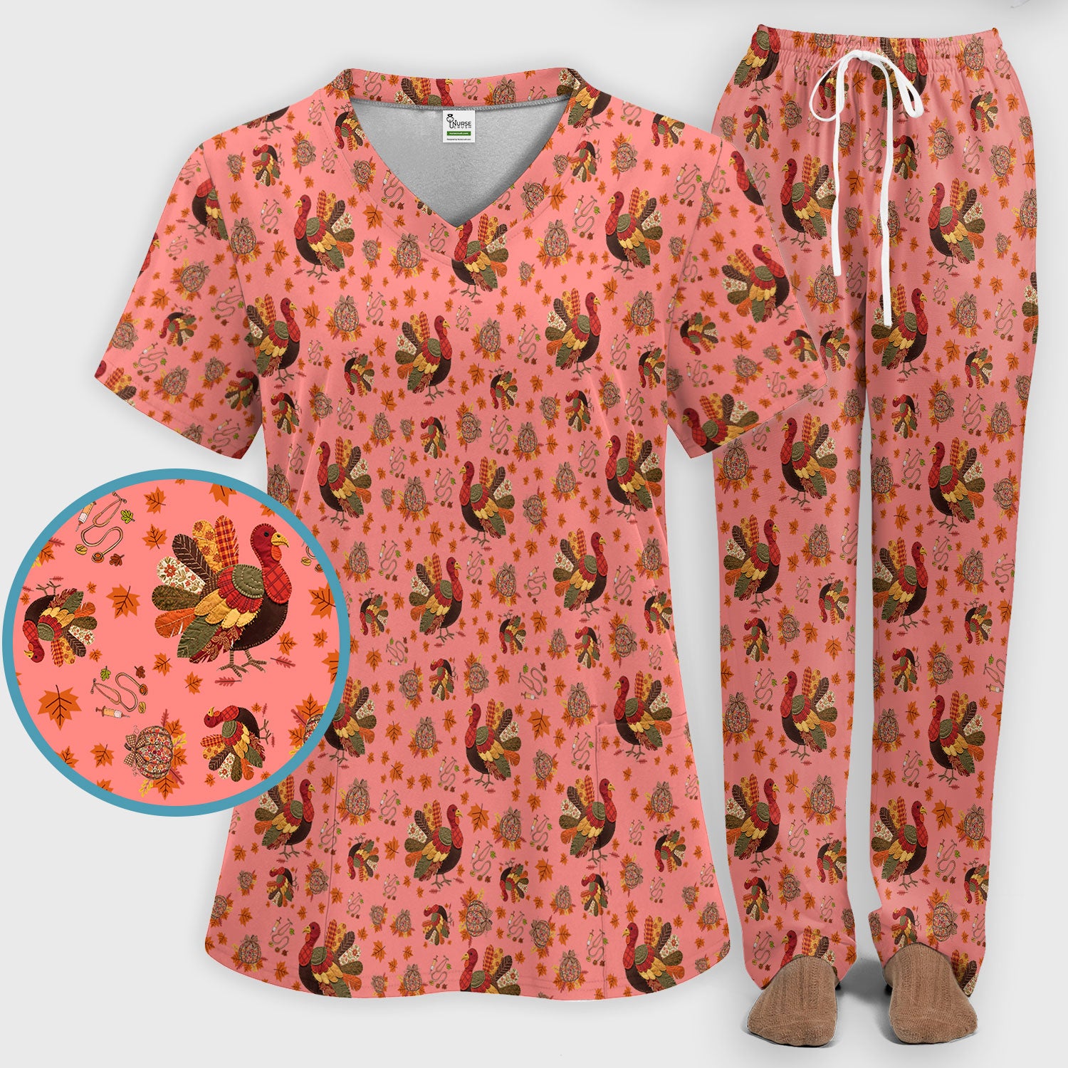Thanksgiving Turkey Nurse Scrub Sets for Women - Fall Leaves Scrub Pants and V Neck Top - Autumn Nursing Uniform