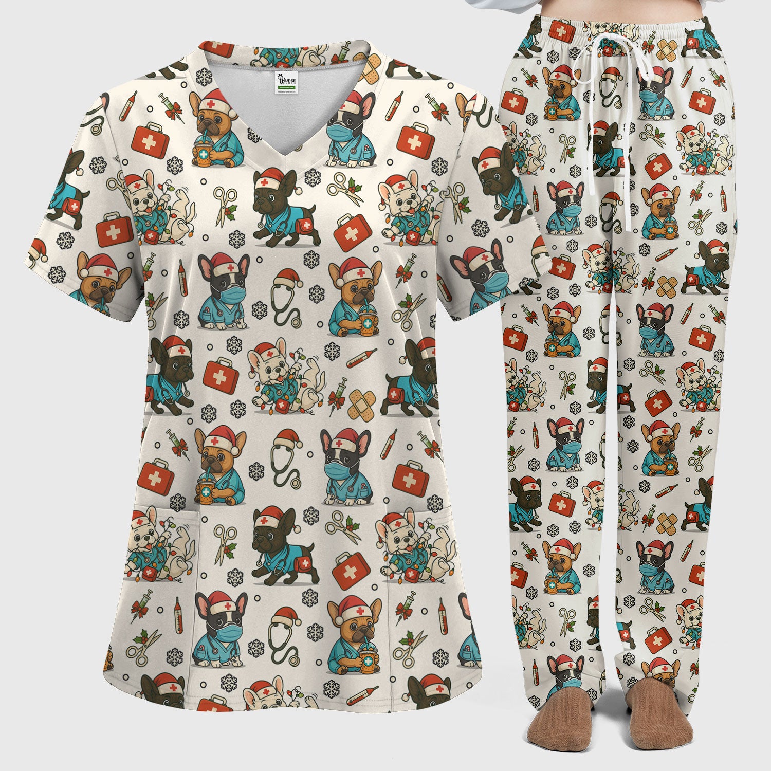 Christmas Dog Nurse Scrub Set for Women - Cute French Bulldog Pattern Scrub Top and Pants - Funny Holiday Nursing Outfit Gift for RN LPN CNA
