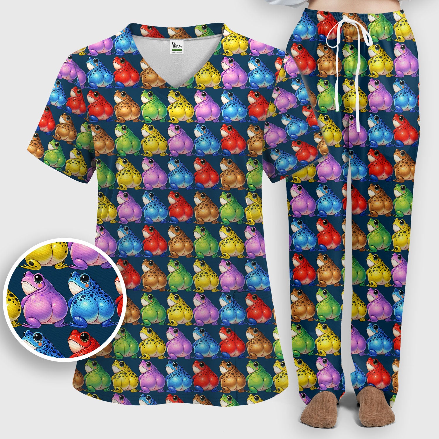 Funny Colorful Frogs Pattern Scrubs Sets, Scrub Pants and V Neck Top