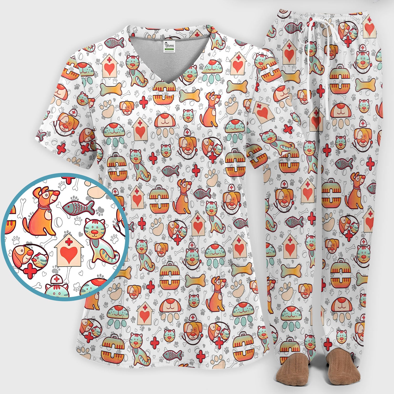Veterinary Nurse Scrub Set - Cute Cat Dog Paw Scrubs Pants and V Neck Top - Funny Animal Vet Tech Uniform for Women