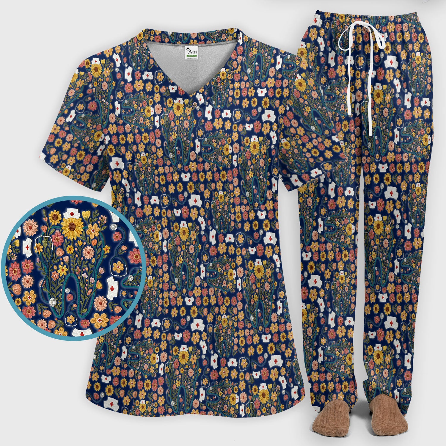 Boho Floral Tooth Scrub Set - Aesthetic Dental Scrubs Pants and V Neck - Cute Flower Tooth Medical Uniform - Hygienist Christmas Gift