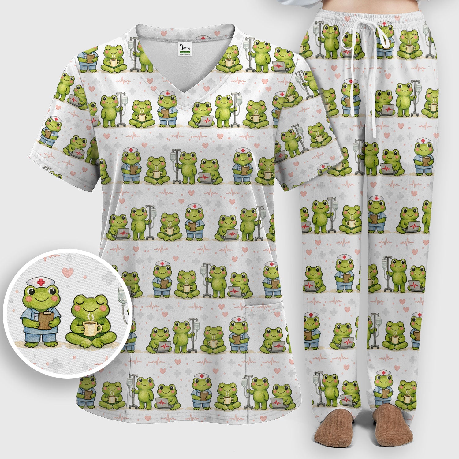 Adorable Frog Nurse Various Poses Print Scrub Set, Breathable Med Uniform