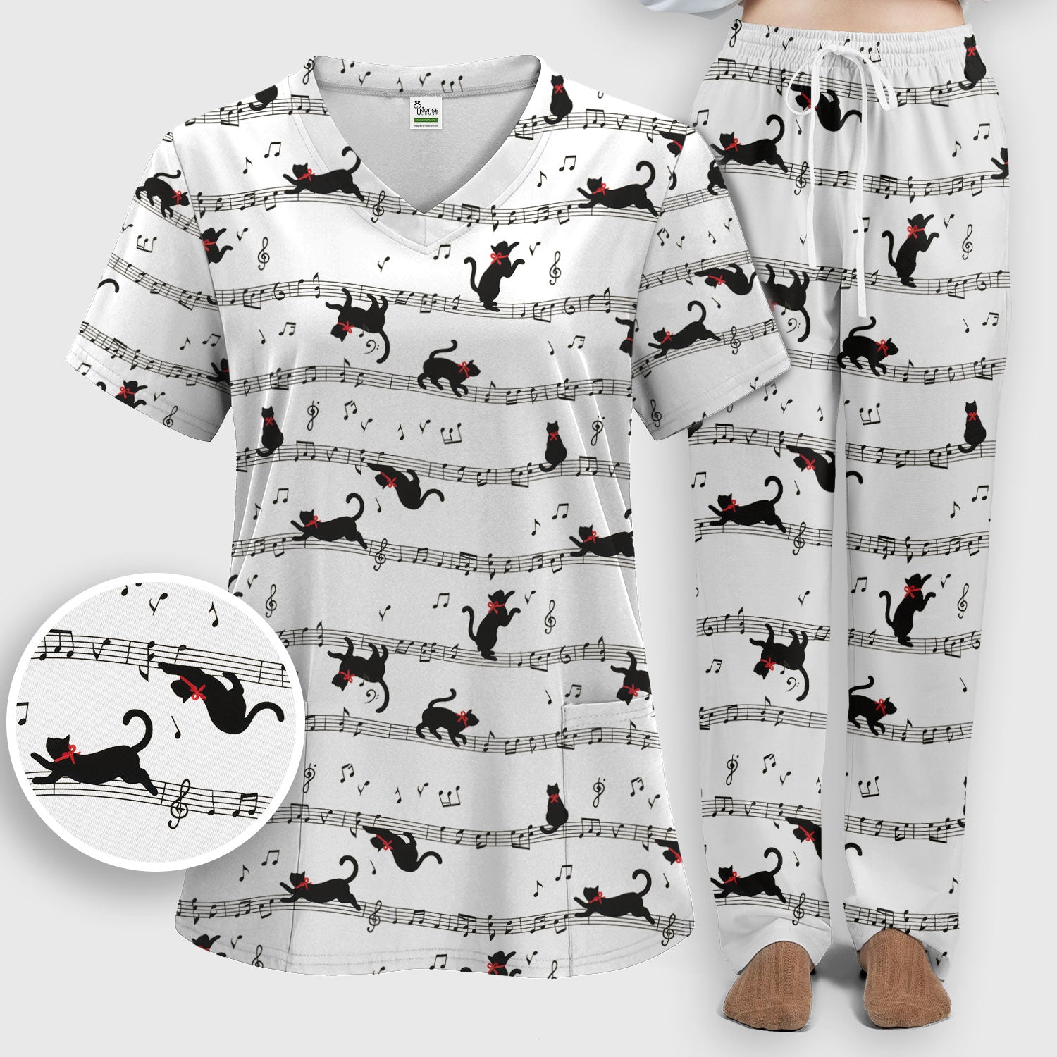 Cute Dancing Black Cat Music Staff Pattern Scrub Set, Scrub Pants and V Neck Top