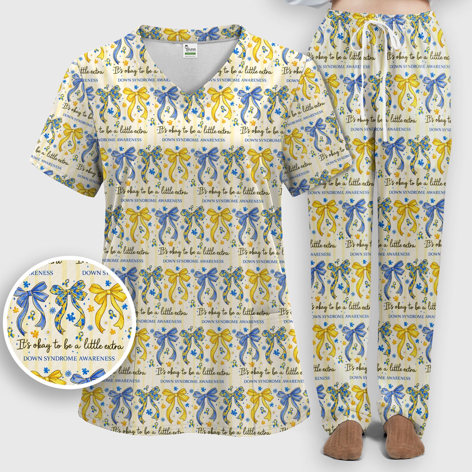 Down Syndrome Awareness Ribbon Pattern Scrub Set, Scrub Pants and V Neck Top