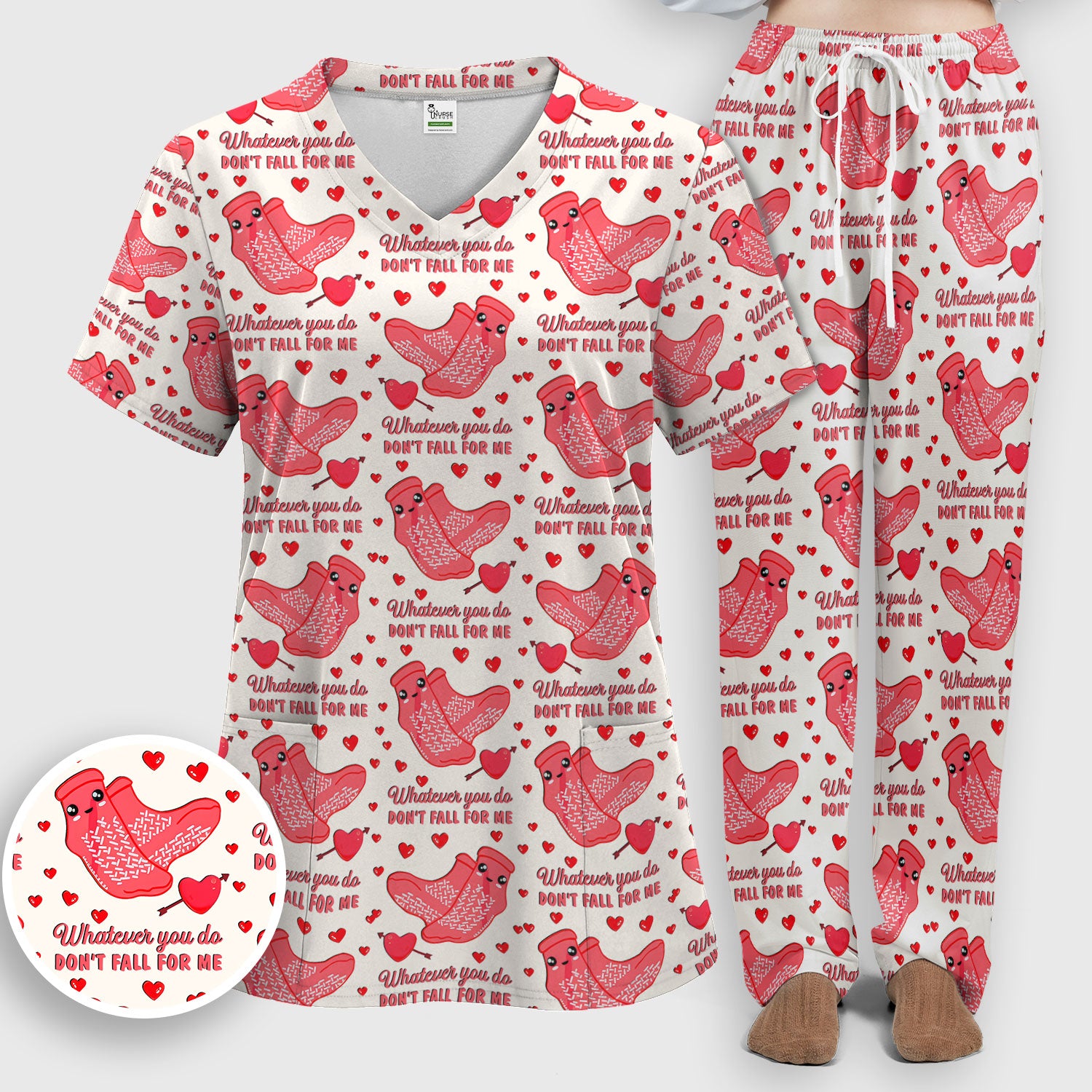 Valentine Funny Love Quote Scrub Set, Scrub Pants and V Neck Top